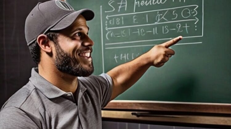 A man in a gray shirt and cap smiles while pointing at a green chalkboard filled with handwritten codes and symbols, reminiscent of Moneyball Evolution tactics in sports data analysis.