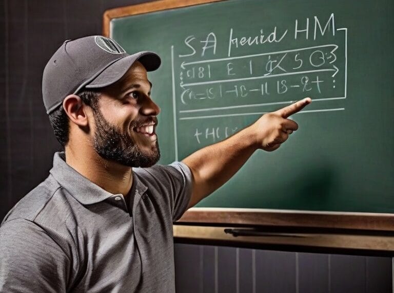 A man in a gray shirt and cap smiles while pointing at a green chalkboard filled with handwritten codes and symbols, reminiscent of Moneyball Evolution tactics in sports data analysis.