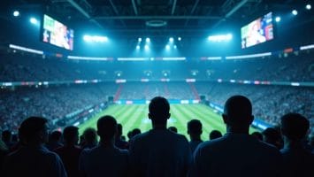 Silhouetted spectators stand and watch a brightly lit soccer stadium, buzzing with fan engagement. The field glows under the stadium lights while large screens and advertisements captivate the crowd around the stands.