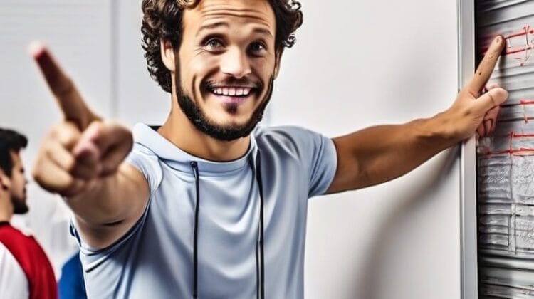 A man with curly hair and a beard is smiling and pointing at a whiteboard while standing in a classroom setting, emphasizing the importance of fan engagement. Another person is visible in the background.