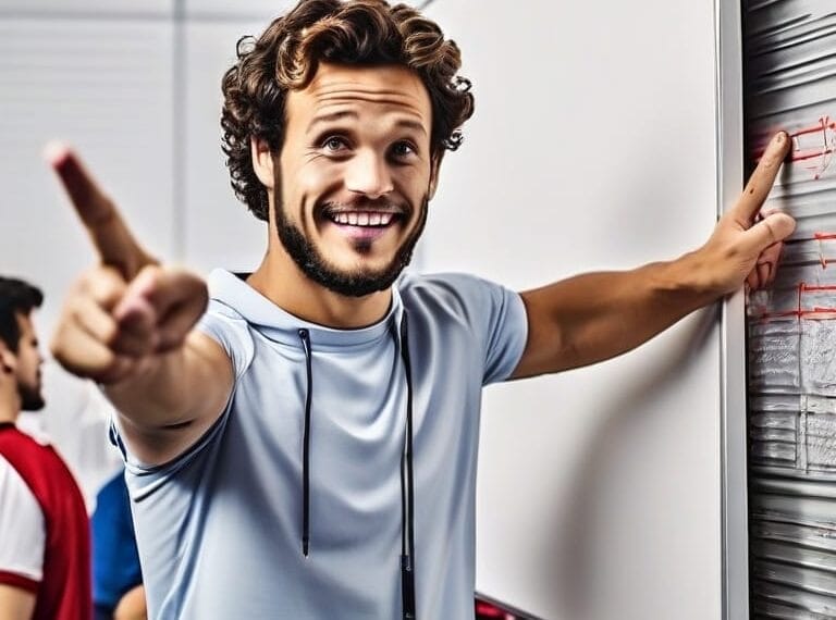 A man with curly hair and a beard is smiling and pointing at a whiteboard while standing in a classroom setting, emphasizing the importance of fan engagement. Another person is visible in the background.