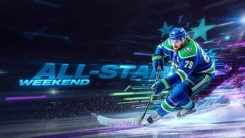 A male ice hockey player in blue and green gear skates quickly on ice, holding a hockey stick. The dark background features colorful streaks, stars, and large blue text reading "ALL-STAR WEEKEND," highlighting the excitement of NHL all stars action.