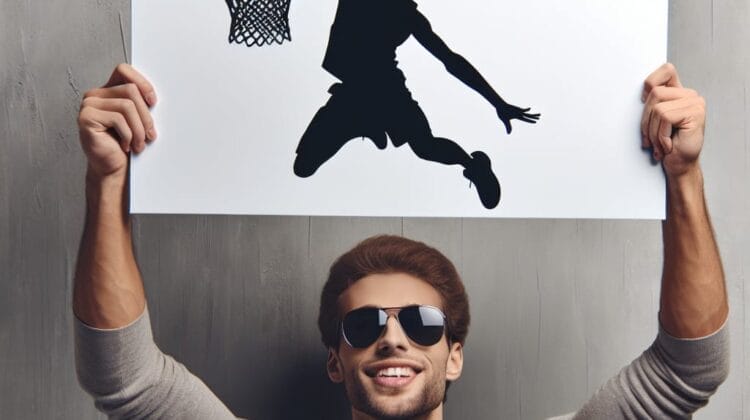 A smiling man wearing sunglasses holds up a poster featuring the Jumpman Logo with a silhouette of a basketball player dunking a ball.