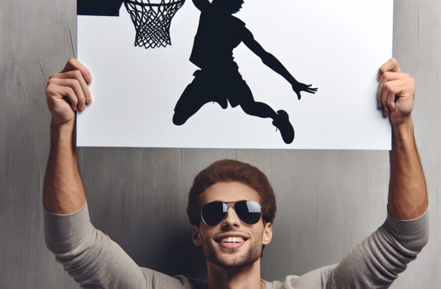 A smiling man wearing sunglasses holds up a poster featuring the Jumpman Logo with a silhouette of a basketball player dunking a ball.