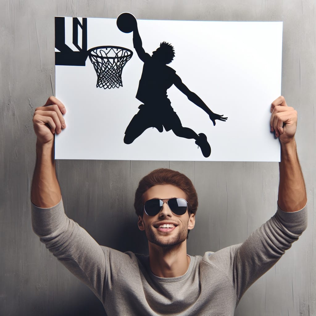 A smiling man wearing sunglasses holds up a poster featuring the Jumpman Logo with a silhouette of a basketball player dunking a ball.