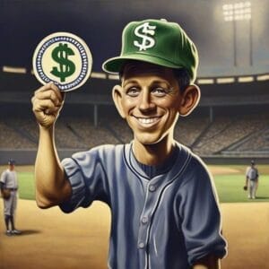 Cartoon baseball player in a stadium holding a coin with a dollar sign, smiling, and wearing a green cap with a dollar symbol.