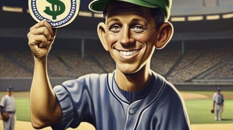 Cartoon baseball player in a stadium holding a coin with a dollar sign, smiling, and wearing a green cap with a dollar symbol.