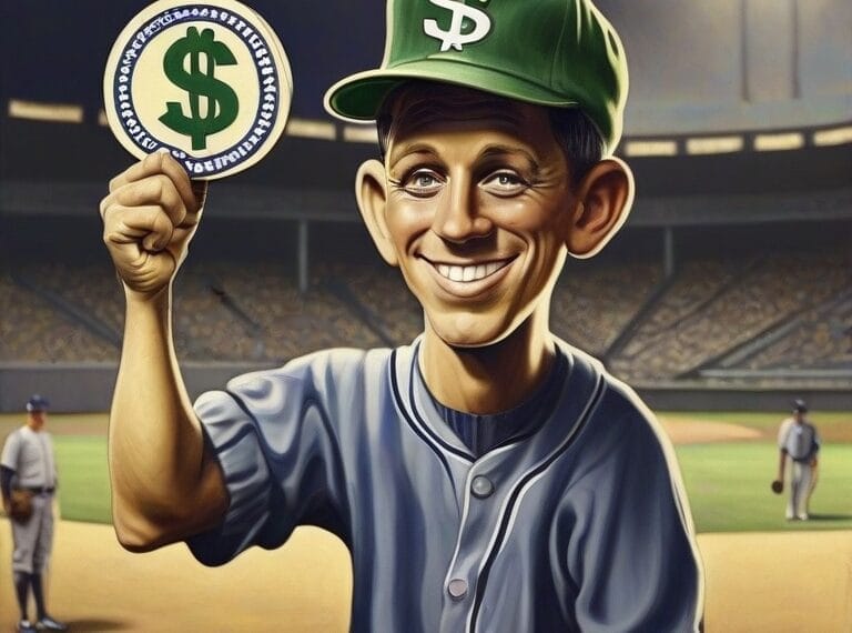 Cartoon baseball player in a stadium holding a coin with a dollar sign, smiling, and wearing a green cap with a dollar symbol.