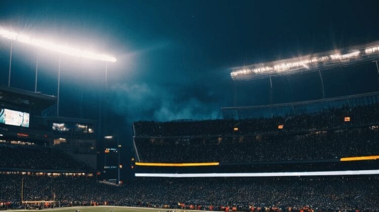 A nighttime football game abides by CFL Rules in a large, illuminated stadium with players on the field and a crowd of spectators in the stands.