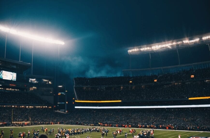 A nighttime football game abides by CFL Rules in a large, illuminated stadium with players on the field and a crowd of spectators in the stands.