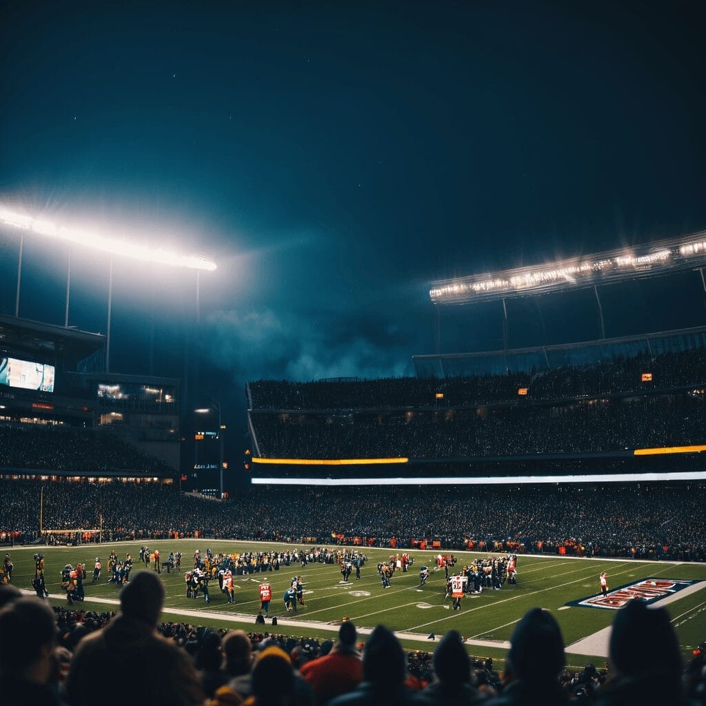 A nighttime football game abides by CFL Rules in a large, illuminated stadium with players on the field and a crowd of spectators in the stands.