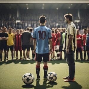 Two soccer players, showcasing high soccer IQ, stand on a field facing a crowd of spectators, each with a ball at their feet. One player sports a light blue jersey with the number 10 while the other wears a striped jersey.