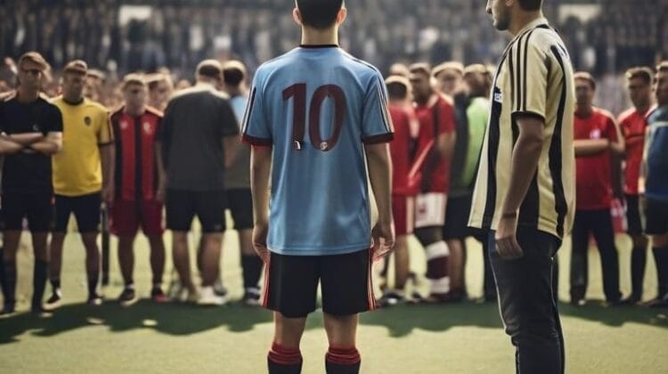 Two soccer players, showcasing high soccer IQ, stand on a field facing a crowd of spectators, each with a ball at their feet. One player sports a light blue jersey with the number 10 while the other wears a striped jersey.