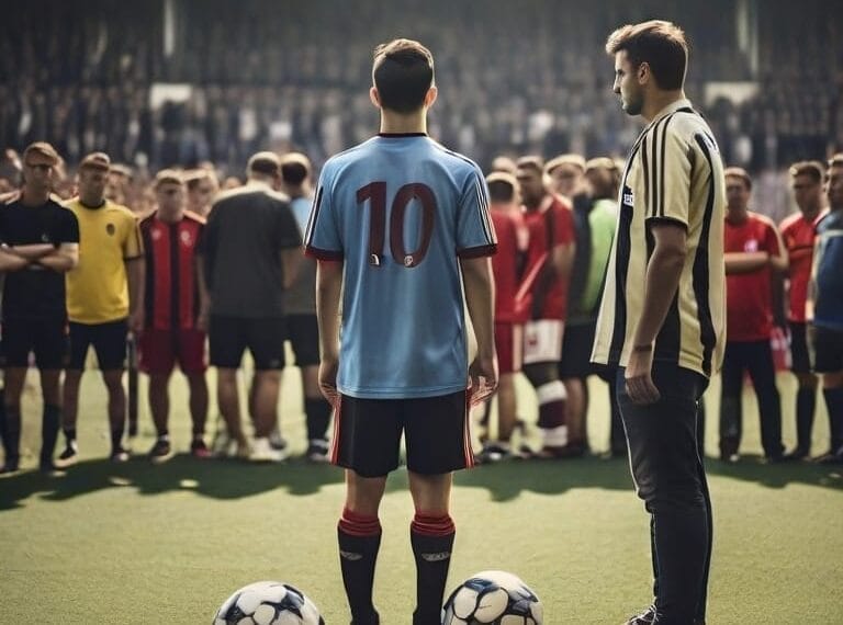 Two soccer players, showcasing high soccer IQ, stand on a field facing a crowd of spectators, each with a ball at their feet. One player sports a light blue jersey with the number 10 while the other wears a striped jersey.