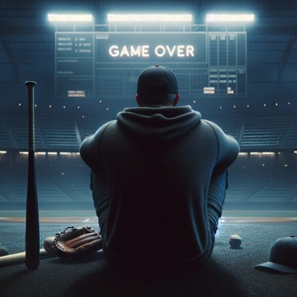 A lone baseball player sits on a dimly lit field amidst equipment, facing a scoreboard that reads "GAME OVER" in an empty stadium. With logos reading "VDG SPORTS," the scene captures his disappointment in MLB and hints at moving on from Major League Baseball.