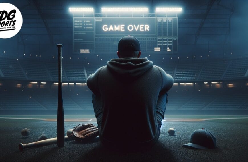 A lone baseball player sits on a dimly lit field amidst equipment, facing a scoreboard that reads "GAME OVER" in an empty stadium. With logos reading "VDG SPORTS," the scene captures his disappointment in MLB and hints at moving on from Major League Baseball.