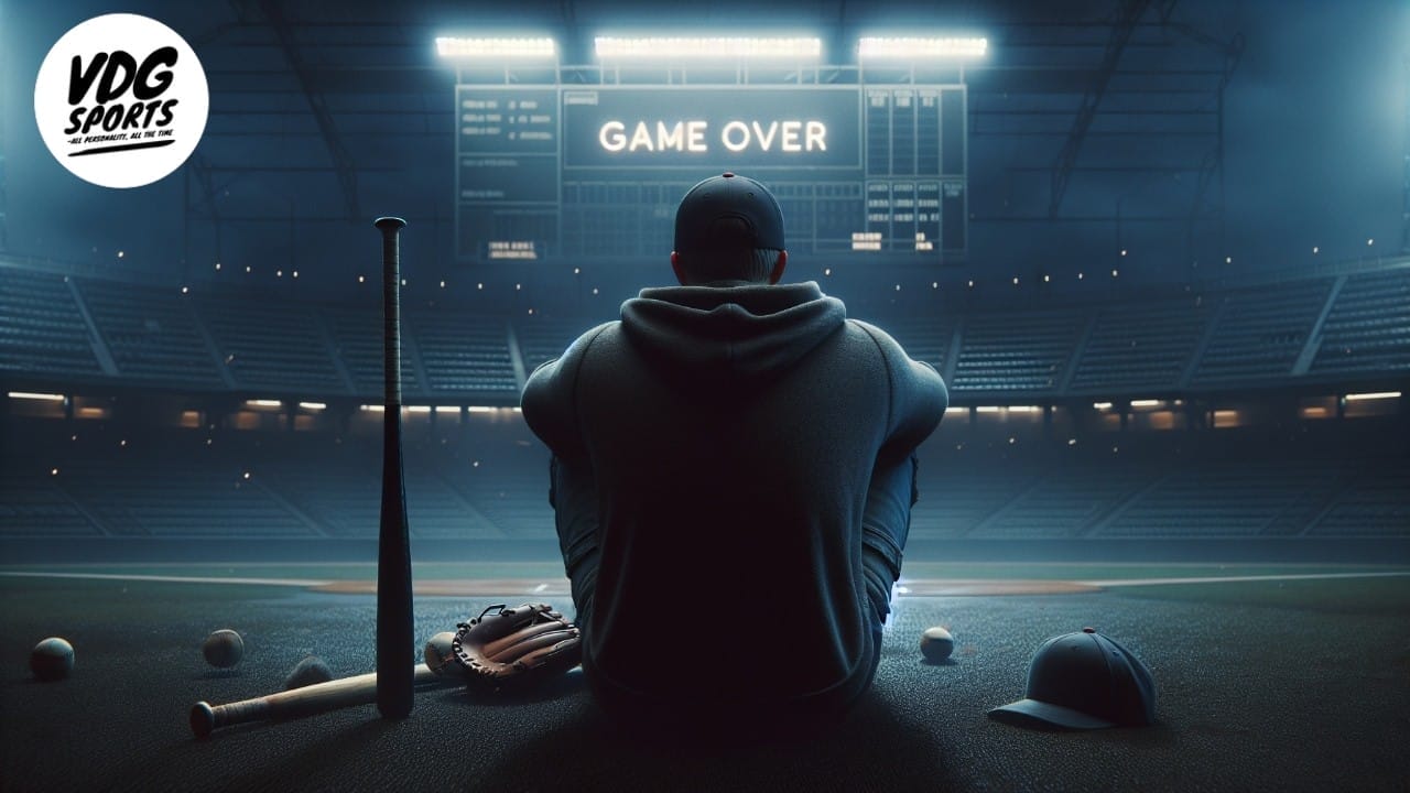 A lone baseball player sits on a dimly lit field amidst equipment, facing a scoreboard that reads "GAME OVER" in an empty stadium. With logos reading "VDG SPORTS," the scene captures his disappointment in MLB and hints at moving on from Major League Baseball.