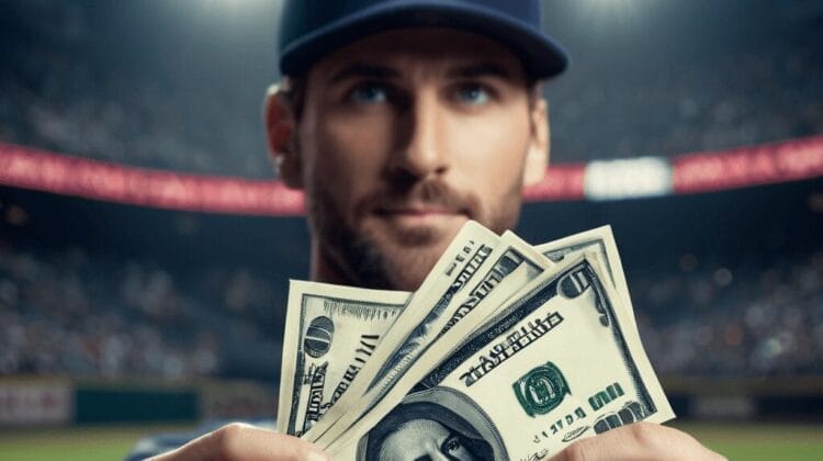 A person wearing a baseball cap holds up three $100 bills with a baseball field and a TAXY sign in the background, hinting at the impact of the MLB luxury tax.