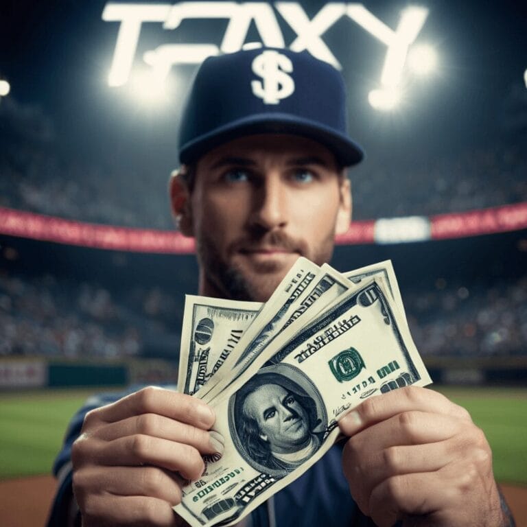 A person wearing a baseball cap holds up three $100 bills with a baseball field and a TAXY sign in the background, hinting at the impact of the MLB luxury tax.