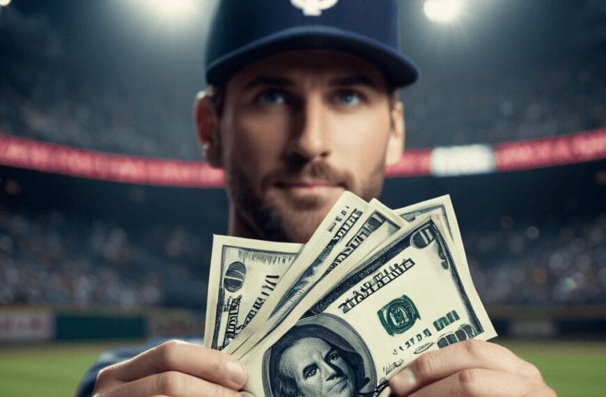 A person wearing a baseball cap holds up three $100 bills with a baseball field and a TAXY sign in the background, hinting at the impact of the MLB luxury tax.