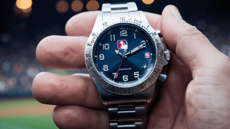 A hand holds a wristwatch with an MLB logo on its face, celebrating iconic eras of baseball. The background reveals the blurred scenery of a stadium.