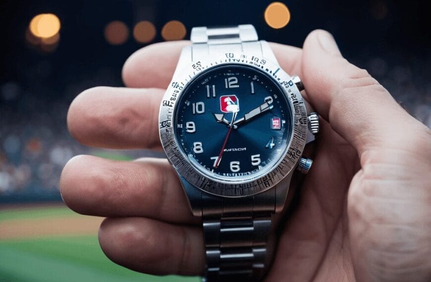 A hand holds a wristwatch with an MLB logo on its face, celebrating iconic eras of baseball. The background reveals the blurred scenery of a stadium.