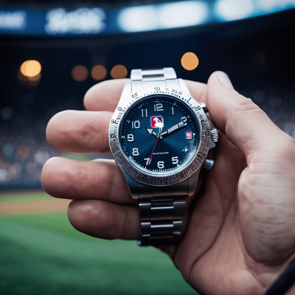 A hand holds a wristwatch with an MLB logo on its face, celebrating iconic eras of baseball. The background reveals the blurred scenery of a stadium.