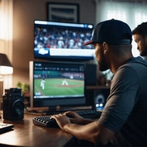 Two men are sitting at desks with computers, watching a baseball game on a television. One man is using a keyboard, and the room is dimly lit with various electronic devices around, discussing MLB expert strategies.