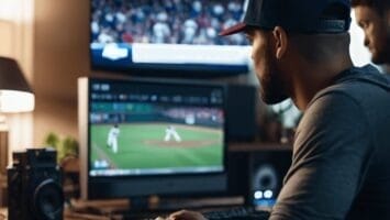 Two men are sitting at desks with computers, watching a baseball game on a television. One man is using a keyboard, and the room is dimly lit with various electronic devices around, discussing MLB expert strategies.
