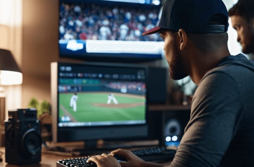 Two men are sitting at desks with computers, watching a baseball game on a television. One man is using a keyboard, and the room is dimly lit with various electronic devices around, discussing MLB expert strategies.