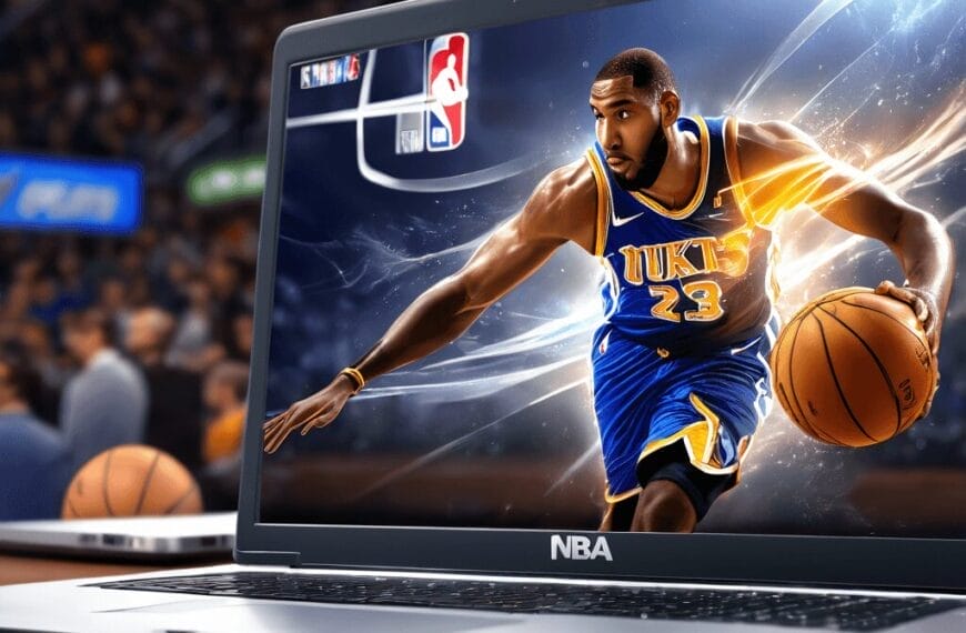 A close-up of a laptop showing a basketball player in motion on the screen. The player wears a blue and yellow uniform, with the NBA logo visible. The background is a basketball court scene, suggesting he's climbing up the NBA power rankings.