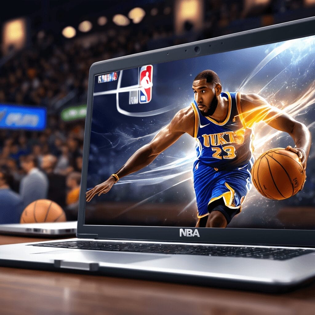 A close-up of a laptop showing a basketball player in motion on the screen. The player wears a blue and yellow uniform, with the NBA logo visible. The background is a basketball court scene, suggesting he's climbing up the NBA power rankings.