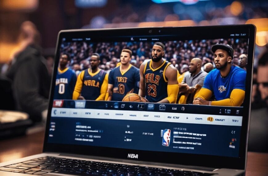 A laptop displaying a basketball video game with realistic graphics shows players in action on screen. Beyond the Numbers, the background features a blurred indoor setting with people and lights, making you feel like you're right there in the game.