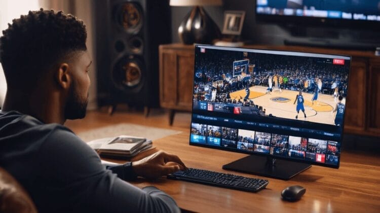 A man is sitting at a desk watching a basketball game on a computer monitor, immersing himself in NBA player analysis, with another game playing on a TV in the background. The room features speakers and neutral decor.