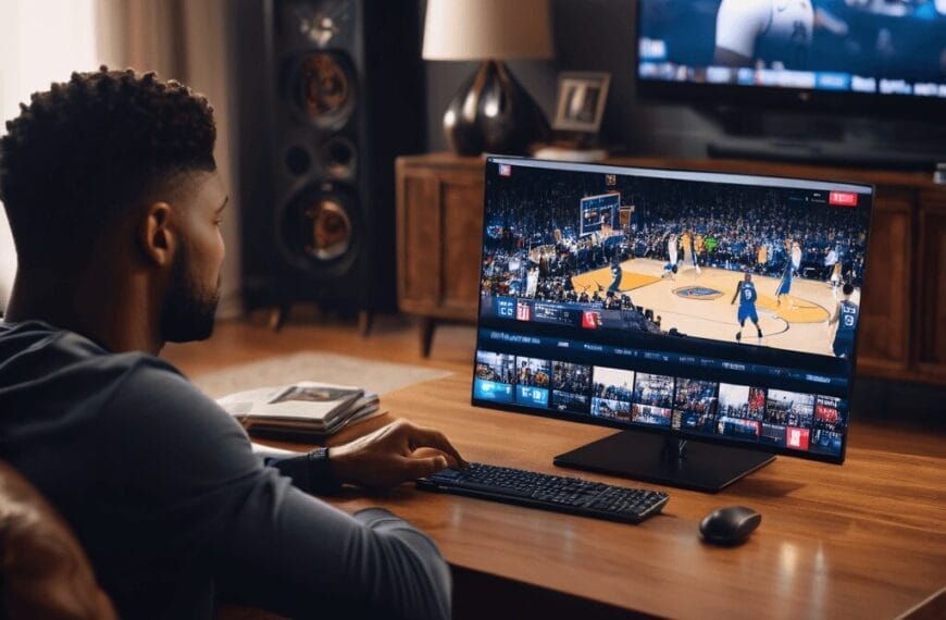 A man is sitting at a desk watching a basketball game on a computer monitor, immersing himself in NBA player analysis, with another game playing on a TV in the background. The room features speakers and neutral decor.