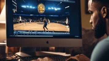 A person is sitting at a desk in a dimly lit room, watching a basketball game on a computer screen. The screen shows players on a court under bright lights, and you can see them analyzing the game with high basketball IQ.