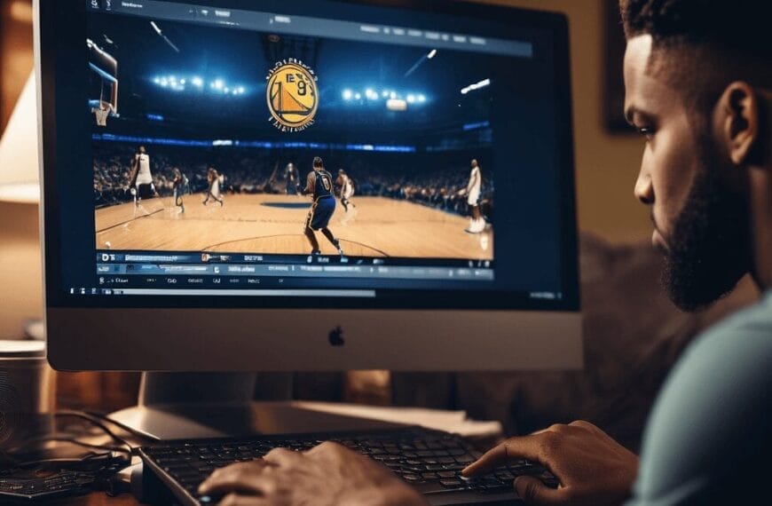 A person is sitting at a desk in a dimly lit room, watching a basketball game on a computer screen. The screen shows players on a court under bright lights, and you can see them analyzing the game with high basketball IQ.