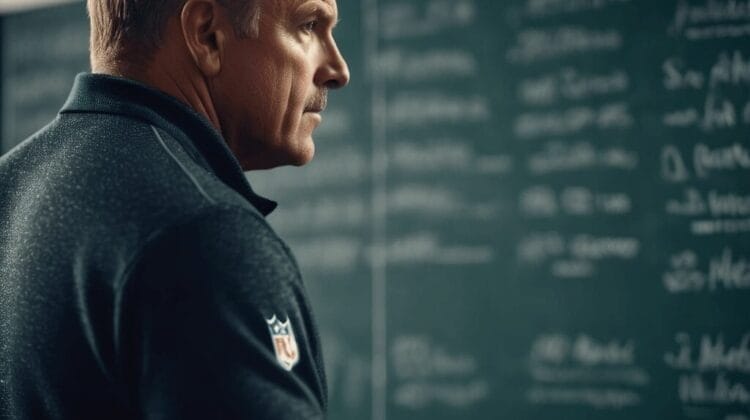 A man stands in front of a chalkboard filled with writing, looking to the side. He is wearing a dark shirt with an NFL logo on the sleeve, seemingly absorbed in deciphering an NFL playbook.