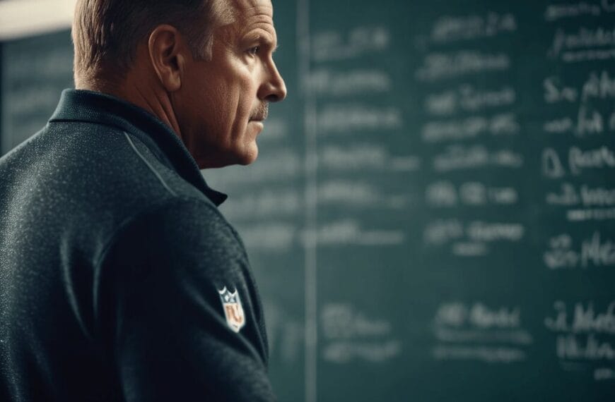 A man stands in front of a chalkboard filled with writing, looking to the side. He is wearing a dark shirt with an NFL logo on the sleeve, seemingly absorbed in deciphering an NFL playbook.