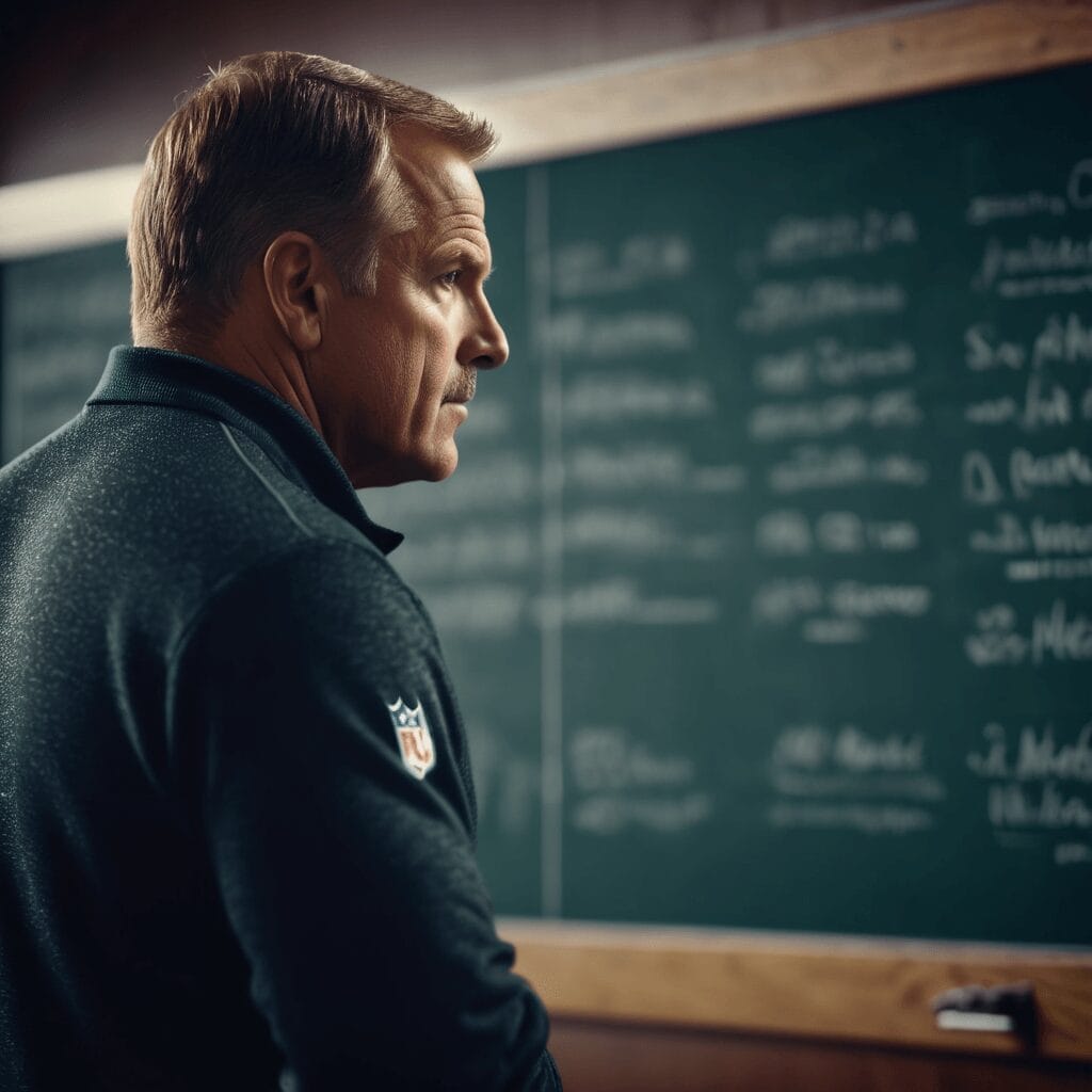 A man stands in front of a chalkboard filled with writing, looking to the side. He is wearing a dark shirt with an NFL logo on the sleeve, seemingly absorbed in deciphering an NFL playbook.