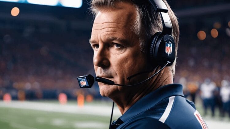 A football coach wearing a headset stands on the sidelines of a football field, focusing intently on the NFL defense.