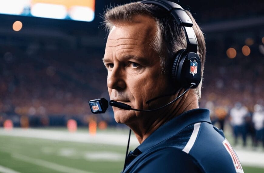 A football coach wearing a headset stands on the sidelines of a football field, focusing intently on the NFL defense.