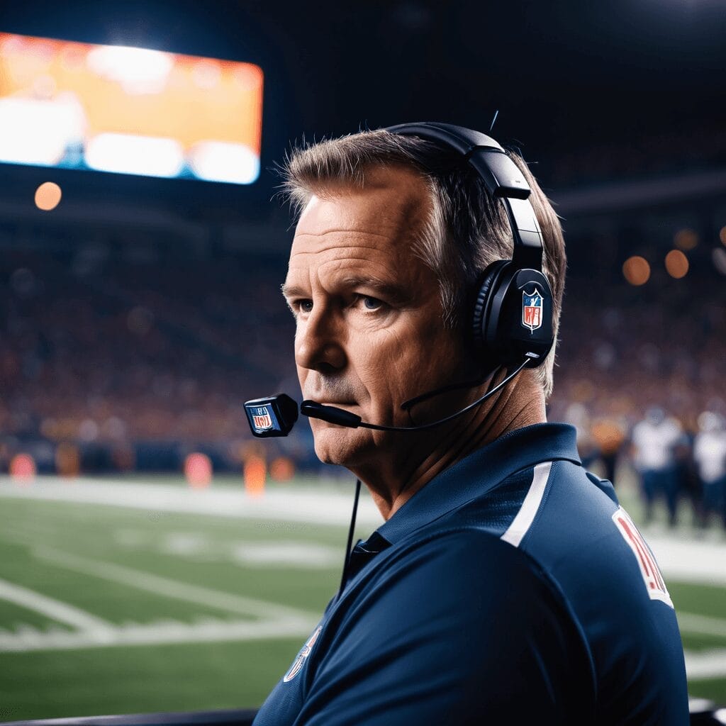 A football coach wearing a headset stands on the sidelines of a football field, focusing intently on the NFL defense.