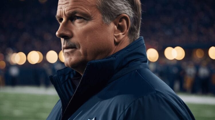 A man in a navy blue NFL jacket stands on a football field with a focused expression, embodying the determination of an NFL offense. The background shows a crowd in the stadium under evening lights.