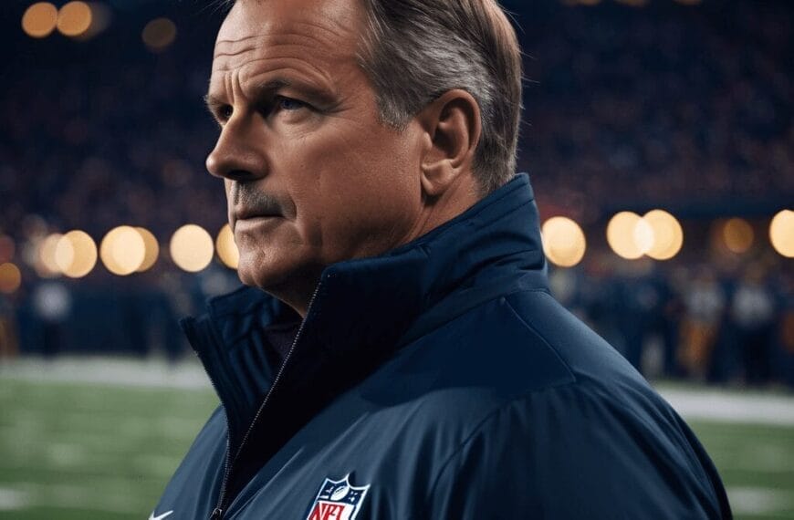 A man in a navy blue NFL jacket stands on a football field with a focused expression, embodying the determination of an NFL offense. The background shows a crowd in the stadium under evening lights.