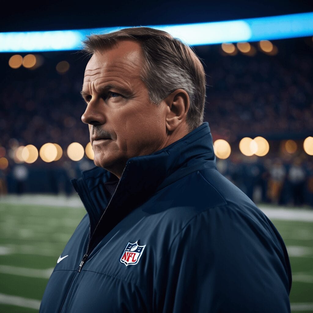 A man in a navy blue NFL jacket stands on a football field with a focused expression, embodying the determination of an NFL offense. The background shows a crowd in the stadium under evening lights.