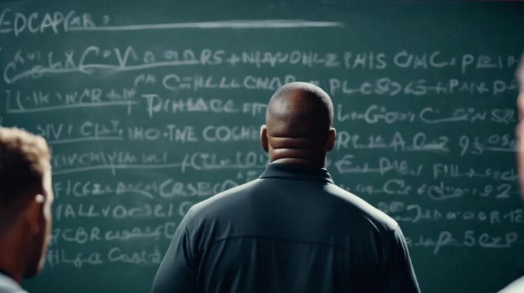 A person stands facing a chalkboard filled with complex equations and formulas, strategizing like NFL teams preparing to outsmart opponents, with two other individuals nearby.