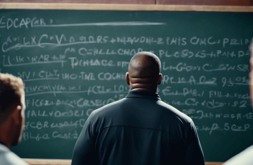 A person stands facing a chalkboard filled with complex equations and formulas, strategizing like NFL teams preparing to outsmart opponents, with two other individuals nearby.