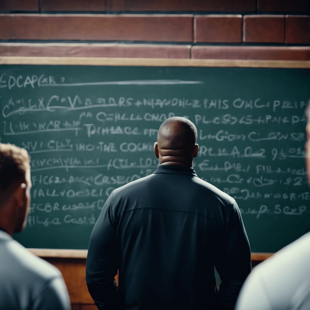 A person stands facing a chalkboard filled with complex equations and formulas, strategizing like NFL teams preparing to outsmart opponents, with two other individuals nearby.