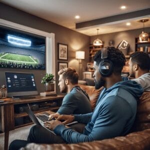 Three men in casual attire sit on a brown leather couch, watching an NFL game on a large screen. One man uses a laptop, possibly analyzing NFL strategy, another wears headphones, and the third is focused on the TV.